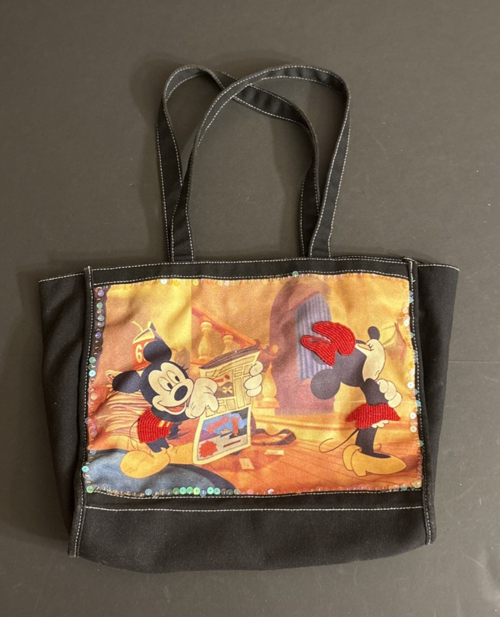 Vintage Disney Mickey & Minnie Mouse Canvas Tote Bag Sequin Beaded Graphic